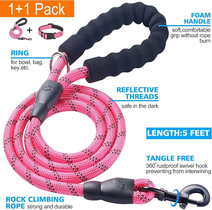 Ladoogo Reflective Dog Collar Padded with Soft Neoprene Breathable Adjustable Nylon Dog Collars for Small Medium Large Dogs (X-Small (Pack of 1), Pink Collar+Leash)