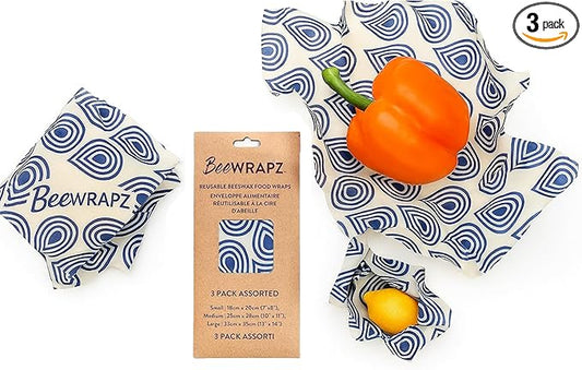 BeeWRAPZ Reusable Beeswax Wraps for Food | Eco Friendly & Organic | Eco-Friendly & Plastic-Free Food Storage | Biodegradable |Pack of 3 Beeswax Food Wraps for Wrapping Fruits & Vegetables (Blue)