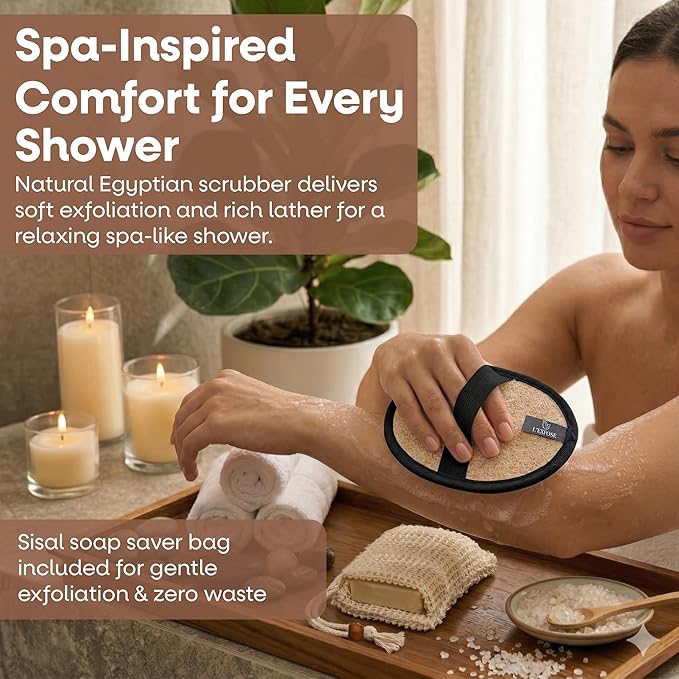 L'Exfose Organic Natural Loofah Body Scrubber for Shower – Dual Sided Egyptian Fiber Plastic Free Loofah – Quick Dry Natural Body Scrubber with Sisal Soap Saver Bag – Minimal Spa Gift for Men Women