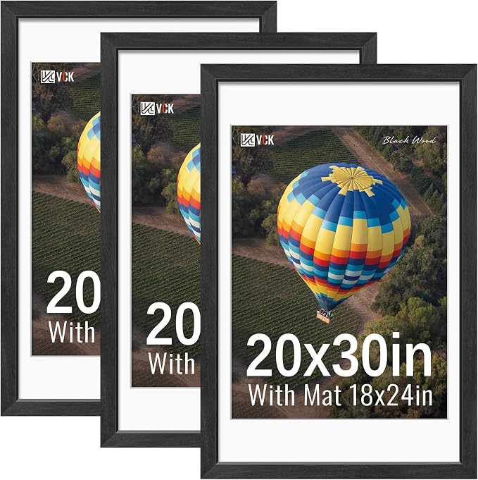 VCK 20x30 Frames Black 3 Pack, Wide Border Wooden Poster Frame, Display 18x24 Picture Photo with Mat or 20 x 30 without, for Home, Office, Gallery, Woodgrain Series, Wall Hanging