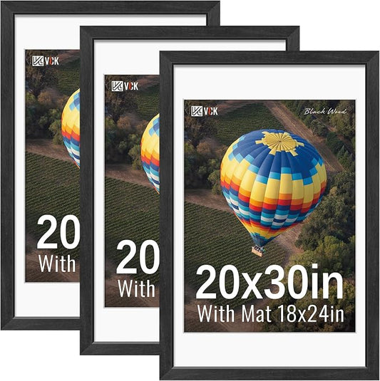 VCK 20x30 Frames Black 3 Pack, Wide Border Wooden Poster Frame, Display 18x24 Picture Photo with Mat or 20 x 30 without, for Home, Office, Gallery, Woodgrain Series, Wall Hanging