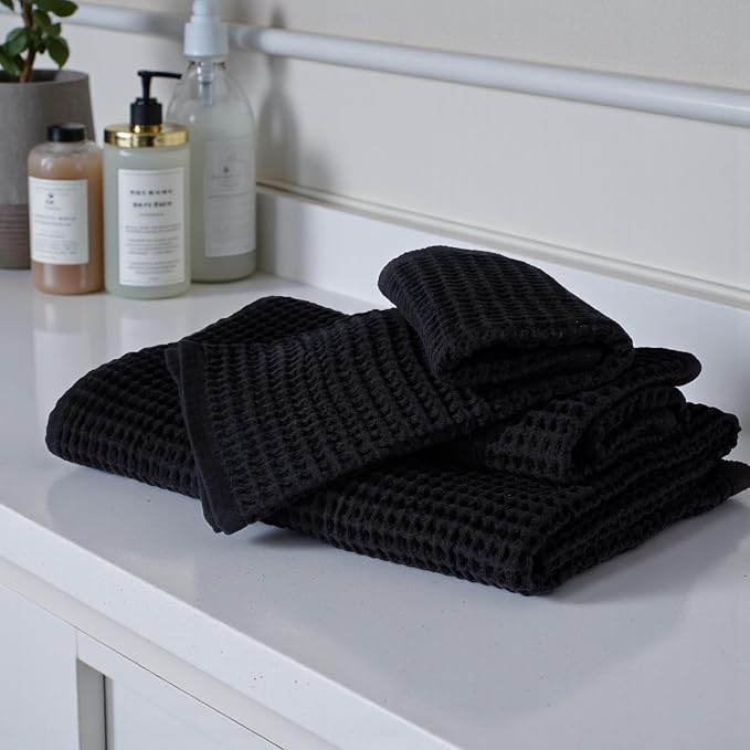 DEMMEX Organic Cotton Waffle Turkish Hand Towels for Bathroom & Kitchen, Large 20x30 in, 100% Oeko-TEX Certified Ultra Soft Turkish Cotton, Lightweight Quick Dry Waffle Weave, Set 2 (Jet Black)