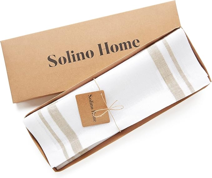 Solino Home Linen French Stripe Cloth Placemats Set of 6-100% Pure Linen Natural and White Placemats 14 x 19 Inch for Summer