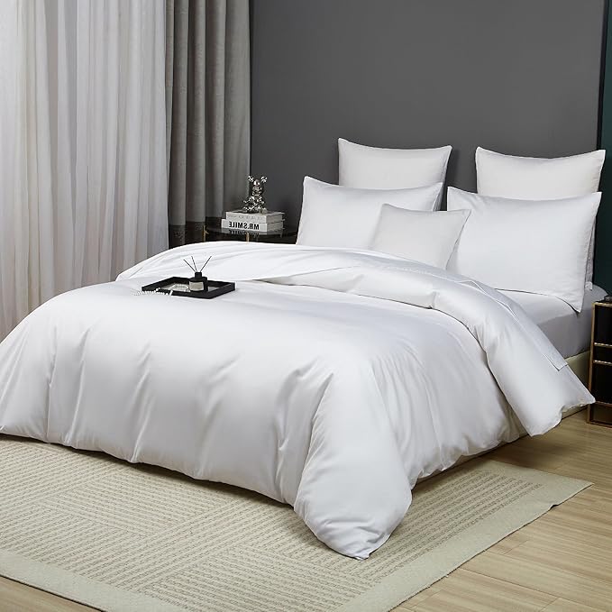 White Cotton Duvet Cover Set Twin 100% Long-Staple Cotton Sateen Bedding Set, Soft Breathable Smooth Organic Pure Cotton Plain Comforter Cover, Luxury Minimalist Bedroom Decor for All Season