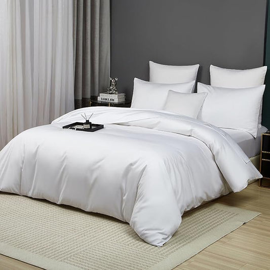 White Cotton Duvet Cover Set Twin 100% Long-Staple Cotton Sateen Bedding Set, Soft Breathable Smooth Organic Pure Cotton Plain Comforter Cover, Luxury Minimalist Bedroom Decor for All Season