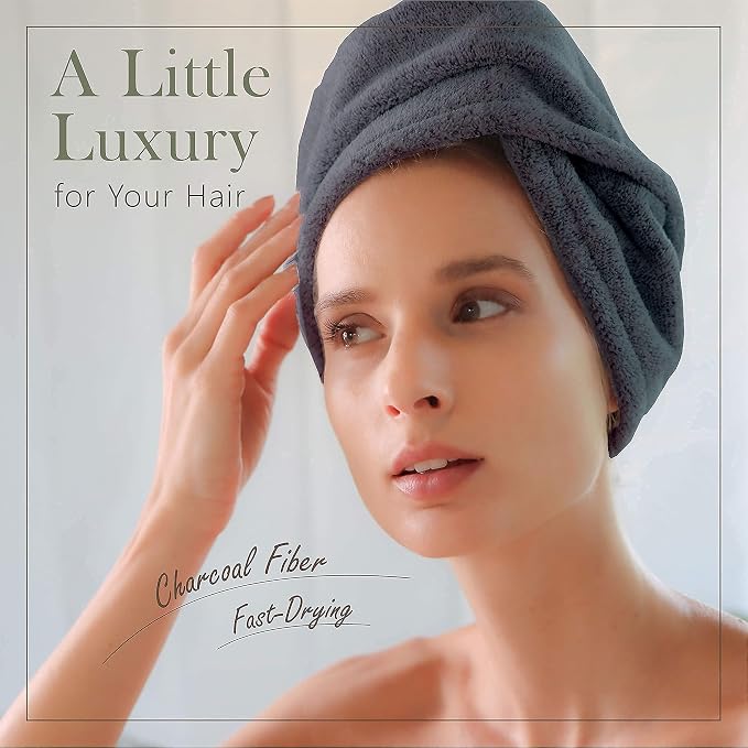 myHomeBody Hair Towel Wrap, Quick Drying Turban, Absorbent Cap – Blue | Hair Turban Towel for wet hair, Ultra Soft Charcoal Fiber Cap, Towel Head Wrap for bathing with Coconut Shell Button