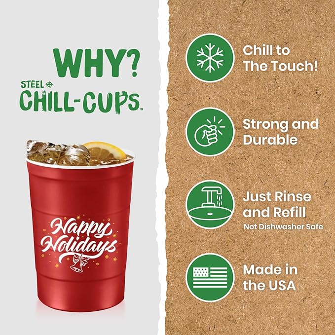 Steel Chill Cups 16 oz. Party Cups 'Happy Holidays' Christmas Tree Design for Cold Drinks, Durable, Disposable, Recyclable, Made in USA, Red, 12 Count
