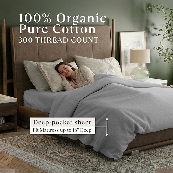 Delilah Home 100% Organic Cotton Duvet Cover, GOTS & Vegan.org Verified, Long Stem 300 TC Sateen Bedding, Non-Synthetic, Deep Pocket Fitted Linen, Lightweight, All-Season, 1 Piece Queen Size - Grey