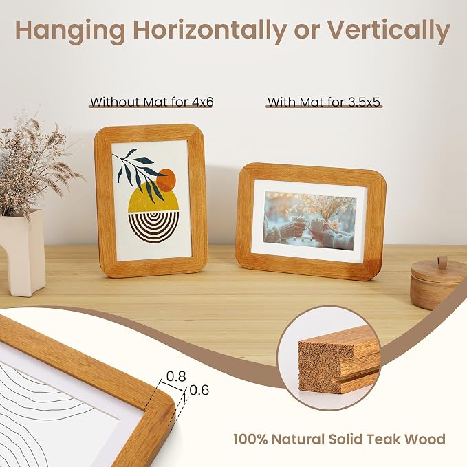 Fun Memories 4x6 Picture Frame - Solid Teak Wood Frame, Handcrafted 4x6 Photo Frame Matted to 3.5x5 with Real Glass, Wall or Tabletop Display, 4 By 6 Photo Frame Wood, Natural Teak