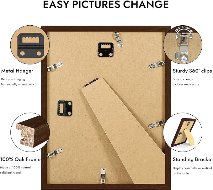 Hongkee 8.5x11 Oak Wood Picture Frame 1 Pack(Matted 6x8), Real Glass Cover | Walnut, 8.5 x 11 Solid Wood Frame for Wall or Tabletop Display - Includes Easel Back, Vertical Hang - Ideal for Home, Office