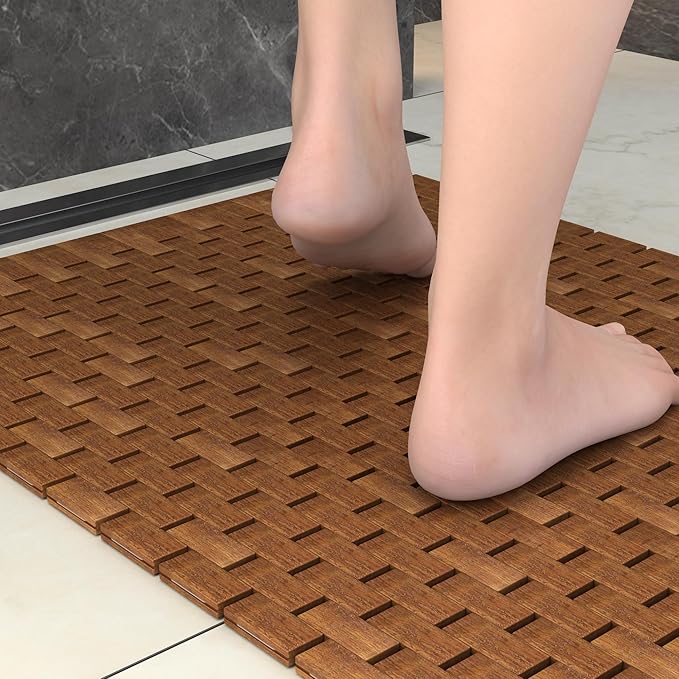Teak Wood Bath Shower Mat for SPA Sauna with Mutiple Silica Gel Feet 27.5X19.7X0.31-Inch
