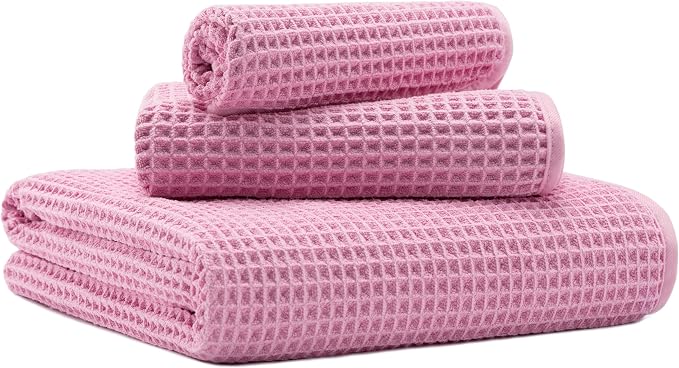 MICROFI Microfiber Waffle Bath Towels, 3 Pieces, Oversized, Soft, Absorbent, Fast Drying, Lint Free, Includes Bath, Face and Hand Towels 430 GSM