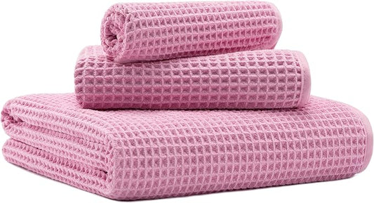 MICROFI Microfiber Waffle Bath Towels, 3 Pieces, Oversized, Soft, Absorbent, Fast Drying, Lint Free, Includes Bath, Face and Hand Towels 430 GSM