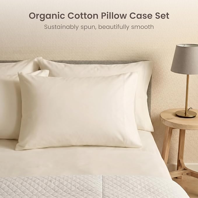 BIOWEAVES 100% Organic Cotton Pillow Cases 300 Thread Count Soft Sateen Weave GOTS Certified – Standard/Queen Size, Set of 2, Natural