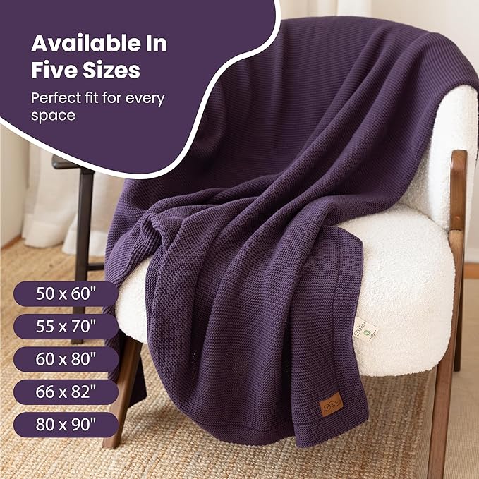 Dalisa 100% Organic Turkish Cotton Throw Blanket - GOTS Certified, Cozy - Perfect for Couch, Bed, and Home Decor - Boho Vintage Knit Alina (Sweet Grape, 50x60)