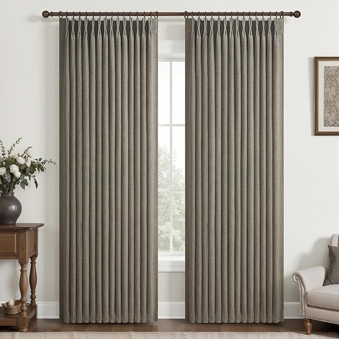Memory Shape Pinch Pleat Blackout Office Curtains 78 Inches Long, Sepia Ebony Double Layer Thick Linen Noise Cancelling Insulated Cottage Core Windows Drapes for Dining Room 2 Panels Set with Back Tab