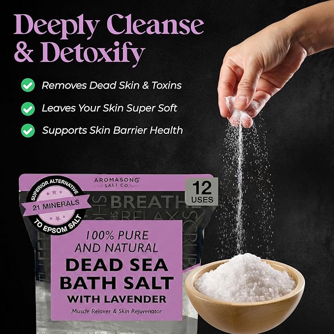 Aromasong Pure Dead Sea Salt for Soaking with 100% Natural Lavender, 5 LB - Spa Bath Salt Fine Grain - Body Wash Scrub - Soak for Women & Men- Bulk Resealable Pack (Packaging May Vary)