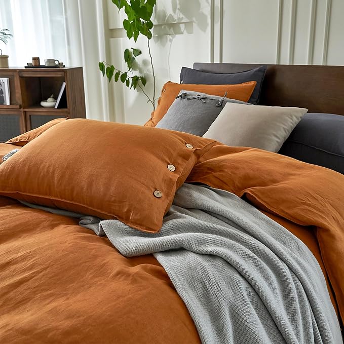 EVERLY 100% Linen Pillowcases Set of 2, French Linen from Normandy, 20X26Inch Standard Size, Natural Color, Coconut Buttons Closure, Flax Pillowshams-Pillowcase-Caramel