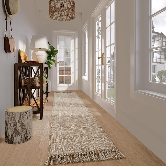 Collive Boho Long Hallway Runner Rug, 2.6x14 ft Washable Runners Rugs for Hall Tan/Cream Low Pile Kitchen Runer Carpet, Woven Cotton Carpets Runners for Entryway Bedside