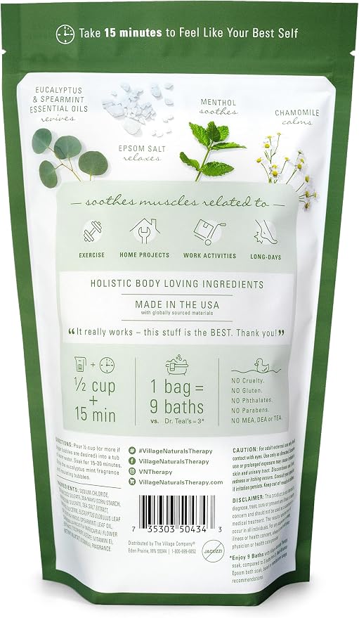 Village Naturals Therapy Muscle Foaming Epsom Soak, Eucalyptus Mint Scent, 36 oz, Pack of 2