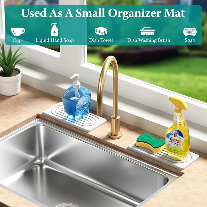 Water Absorbing Stone Tray, Quick Drying Diatomite Bathroom Tray Countertop, Stone Drying Mat for Kitchen Counter, Soap Dish Dispenser Vanity Organizer, White-A-12.2" x 4"