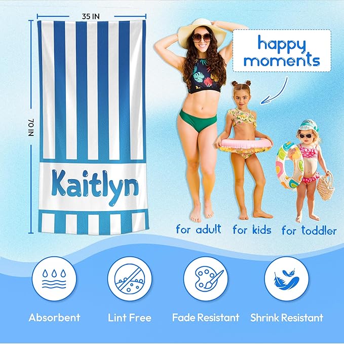 JML Personalized Beach Towel with Name, Custom Cabana Stripe Beach Towel, Customized Microfiber Pool Towel, Quick Dry & Absorbent Swim Towel for Adult,Mother's Day, Birthday, Summer Holiday,Vacation