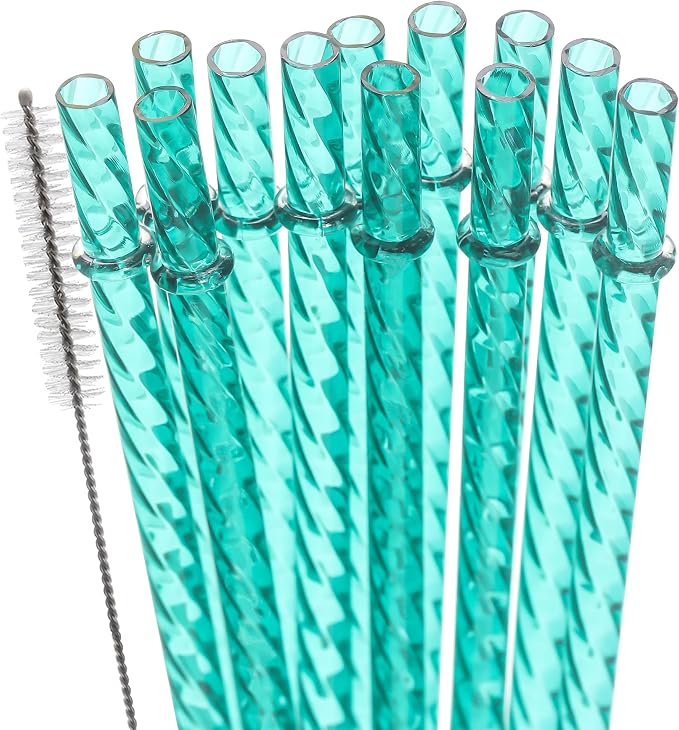 Dakoufish 12 Inch Reusable Clear Plastic Swirl Drinking Straws for 30 oz & 40 oz Jars/Tumblers,Set of 12 Pcs Replacement Crystal Teal Straws with Cleaning Brush (12inch,Teal)