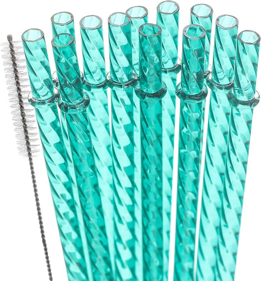 Dakoufish 12 Inch Reusable Clear Plastic Swirl Drinking Straws for 30 oz & 40 oz Jars/Tumblers,Set of 12 Pcs Replacement Crystal Teal Straws with Cleaning Brush (12inch,Teal)