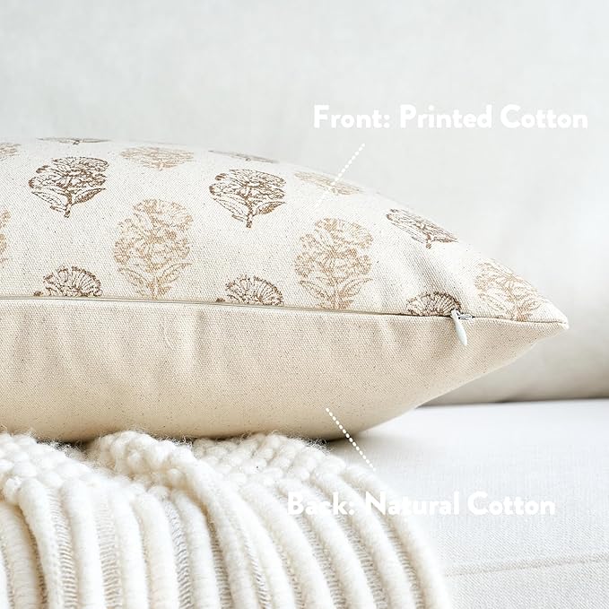 FIOUOVO Floral Vintage Throw Pillow Covers 18x18 Pillow Cover Block Print Decorative Cushion Covers Farmhouse Neutral Accent Home Décor for Sofa Couch Living Room Bedroom, 1PC, Cognac Brown