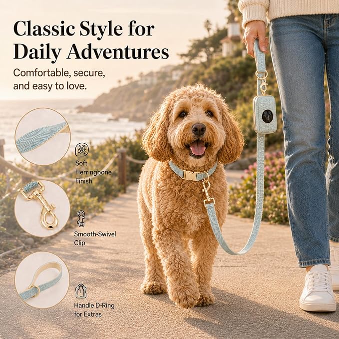 Herringbone Tweed Dog Collar and Leash Set for Small Dogs, Light Blue | Snag-free, no-rub design. Soft breathable cotton, gentle on fur. Adjustable durable matching combo for walks & outdoors.