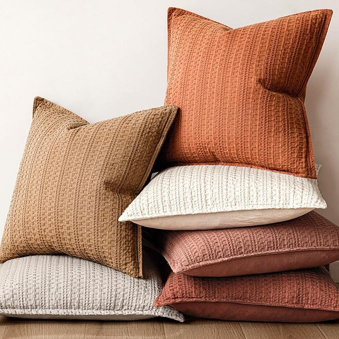 Foindtower Set of 2 Decorative Cotton Waffle Weave Throw Pillow Covers Euro Shams Cushion Covers Accent European Pillowcase for Bed Couch Sofa Bedroom Living Room Home Decor 20×20 Inch Burnt Orange