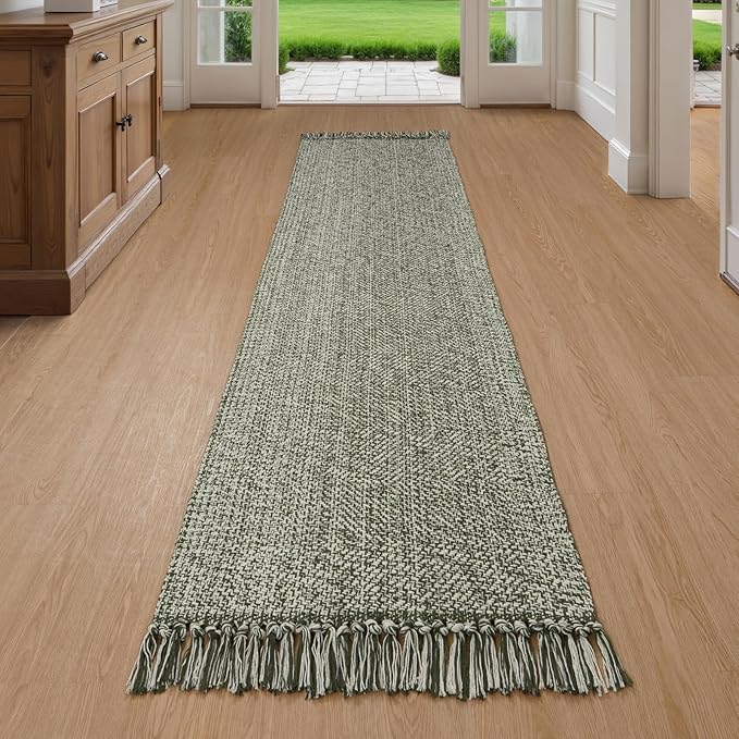 Collive Long Carpet Runners for Hallway 2x8ft, Washable Low Profile Front Entryway Rug Cotton Hand-Woven Kitchen Rug Runner, Olive Green/Cream Farmhouse Bedroom Rug for Laundry Room Entrance