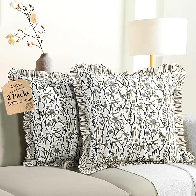 CPC Cocoa Vine Hand Block Print 100% Cotton Ruffle Throw Pillow Cover 20x20 inch with Hidden Zipper Decorative for Couch, Bed, Sofa, Farmhouse, Cottagecore Decor Gift Christmas Fall Thanksgiving