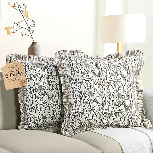 CPC Cocoa Vine Hand Block Print 100% Cotton Ruffle Throw Pillow Cover 20x20 inch with Hidden Zipper Decorative for Couch, Bed, Sofa, Farmhouse, Cottagecore Decor Gift Christmas Fall Thanksgiving