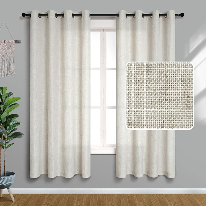 Pitalk 63 Inch Length Linen Curtains for Bedroom 2 Panel Set Natural Crude Tan Beige Flax Rustic Textured Light Filtering Semi Blackout Sheer Farmhouse Style Living Room Curtains for Windows