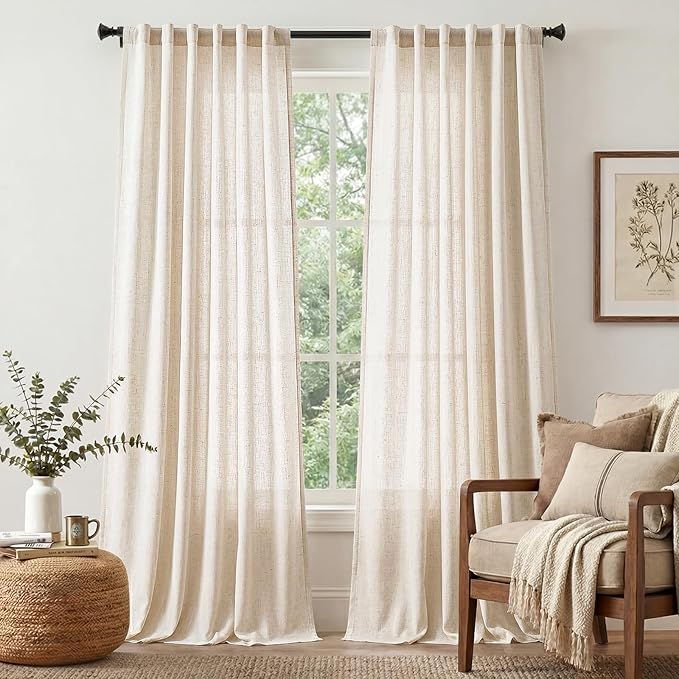 jinchan Beige Linen Blend Curtains 96 Inches Length 2 Panels Floor to Ceiling Curtains for Bedroom Living Room, Semi Sheer 50 Inches Wide Natural Farmhouse Drapes Rod Pocket Back Tab (50W x 96L, Ecru)
