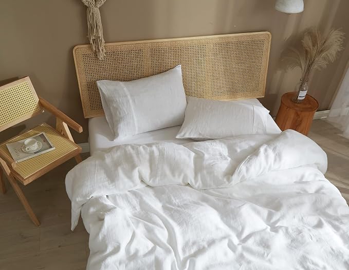 Ivellow White Linen Duvet Cover King 100% Pure Washed French Flax Linen 3Pcs (King Duvet Cover, 2 Pillow Shams)