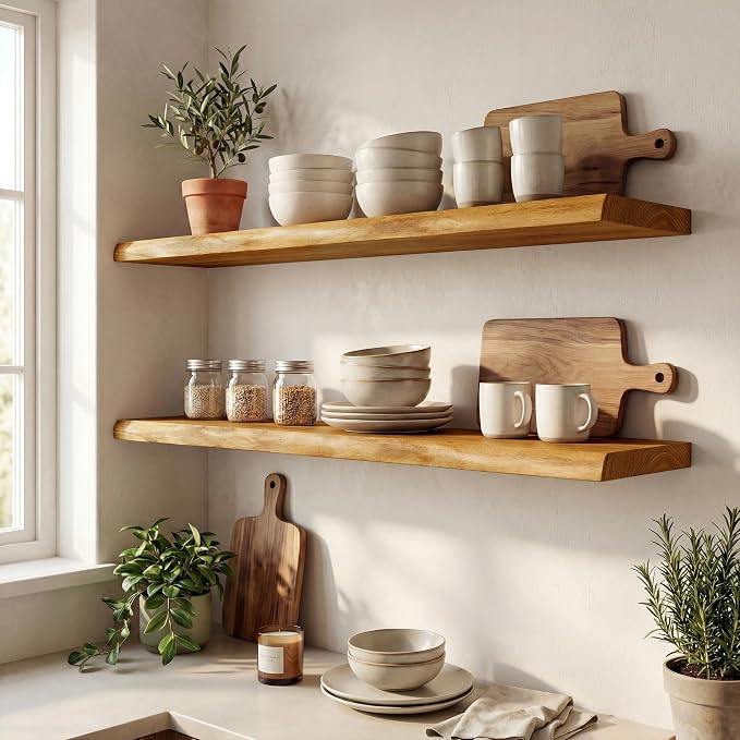 48" Live Edge Floating Shelf, Solid Elm Wood Wall Shelf | 1.4" Extra Thick, 9.3" Deep Heavy Duty Storage, Artisan Natural Finish for Kitchen, Coffee Bar & Living Room