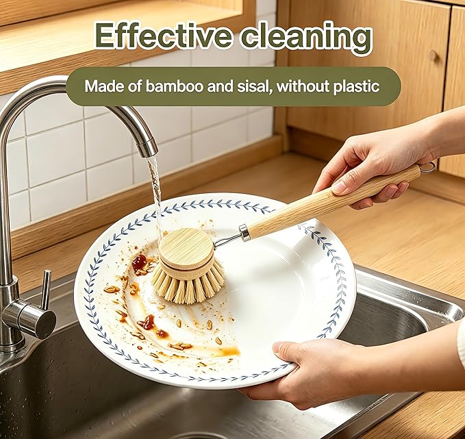 Bamboo Dish Brush with 3 Replacement Heads, Plastic-Free Kitchen Scrub Brush with Long Handle, Natural Sisal Bristle Bamboo Brush for Pans, Dishes, Pot,Veggie and Fruit