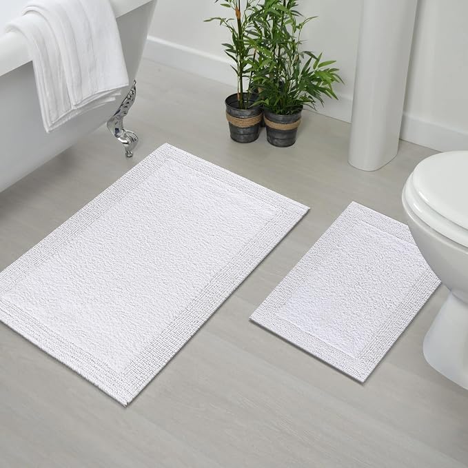 Bedding Craft 100% Cotton Bath Mat - Soft Hotel-Style Rectangular Bathroom Floor Rug - Plush, Water Absorbent Cloth Bathmat for Outside Bathtub/Shower, Machine Washable Cotton Bath Rug 21x34 White