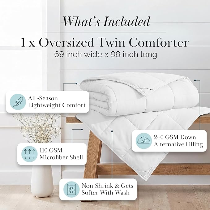 Southshore Fine Living, Inc. Twin Comforter/Duvet Insert, Down-Alternative White Twin/XL Comforter, Soft, Fluffy Comforters, Easy Care, Wrinkle Free, Pet Hair Resistant Bedding, Bright White