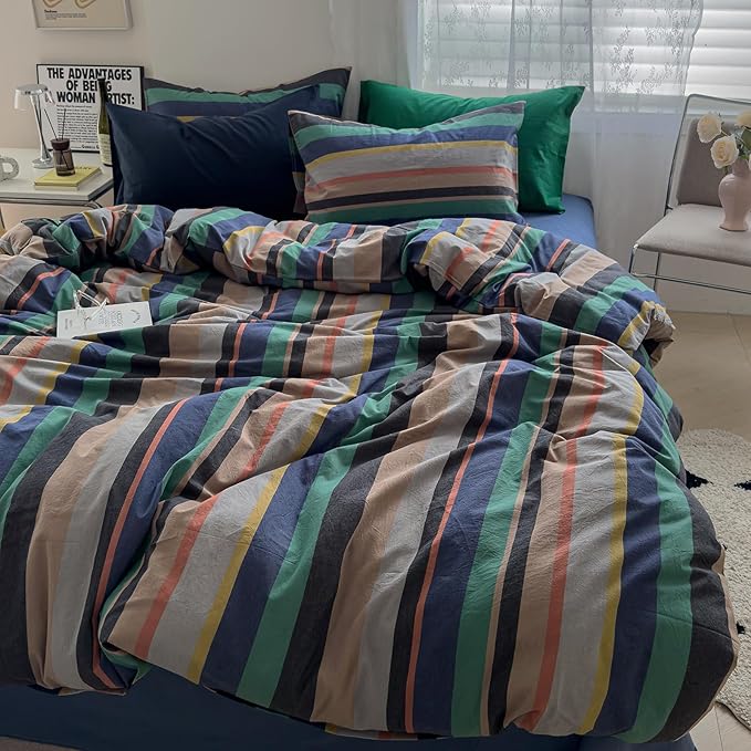mixinni Vintage Striped Duvet Cover Full 100% Washed Cotton Bedding Set Retro Mid Century Modern Striped Duvet Cover with Zipper Closure Corner Ties for Kids Teens Dorm