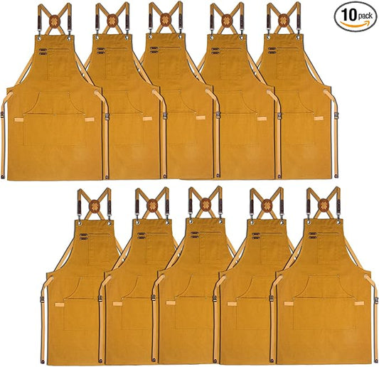10 Pack Kitchen Apron, Work Apron, Canvas Apron, Khaki | Multiple Pockets, Gardening, Painting, BBQ, Artist, Carpenter, Sizes M to XXL