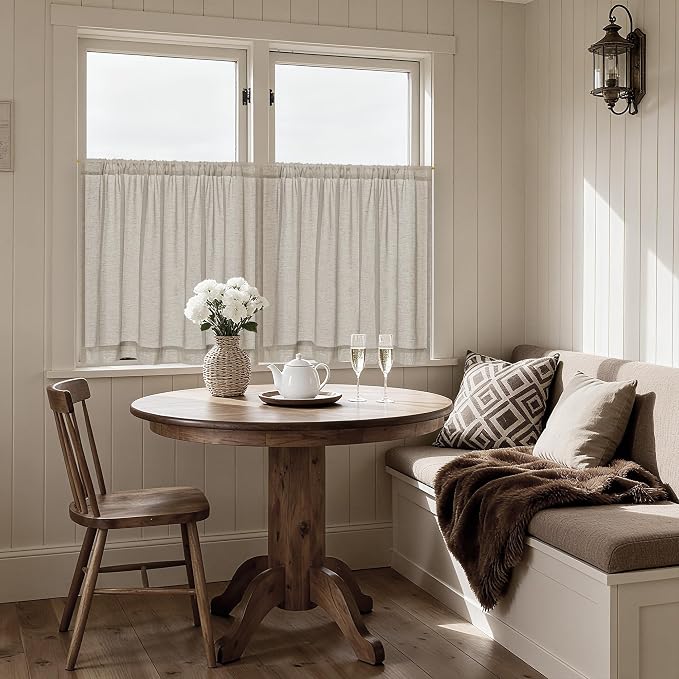 Linen Cafe Curtains for Kitchen Bathroom Small Window Curtains Rustic Farmhouse Semi Sheer Light Filtering Short Drapes for Laundry Room 24 Inch 2 Panels Burlywood Birch, 30x24 Inch