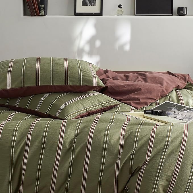 mixinni Vintage Olive Green Striped Duvet Cover Set King, 100% Cotton Yarn-Dyed Jacquard Bedding 3 Pieces, Reversible Design Retro Terracotta Comforter Cover with Zipper & Corner Ties