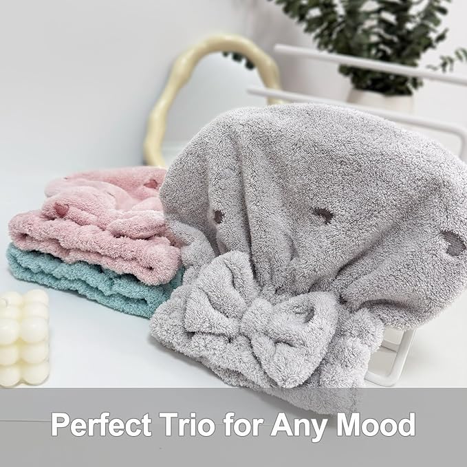 Jseng 3Packs Microfiber Hair Towel for Women - Quick-Drying, Super Absorbent Hair Wrap with Bow Design, Soft Hair Towel Turban for Curly Long Wet Hair