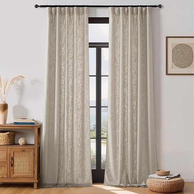 NICETOWN Taupe Thick Linen Curtains 96 Inches Long for Living Room 2 Panels Set, Back Tab/Rod Pocket with Pleat Tape Privacy Added Window Treatments for Farmhouse/Bedroom, Natural, W55 x L96
