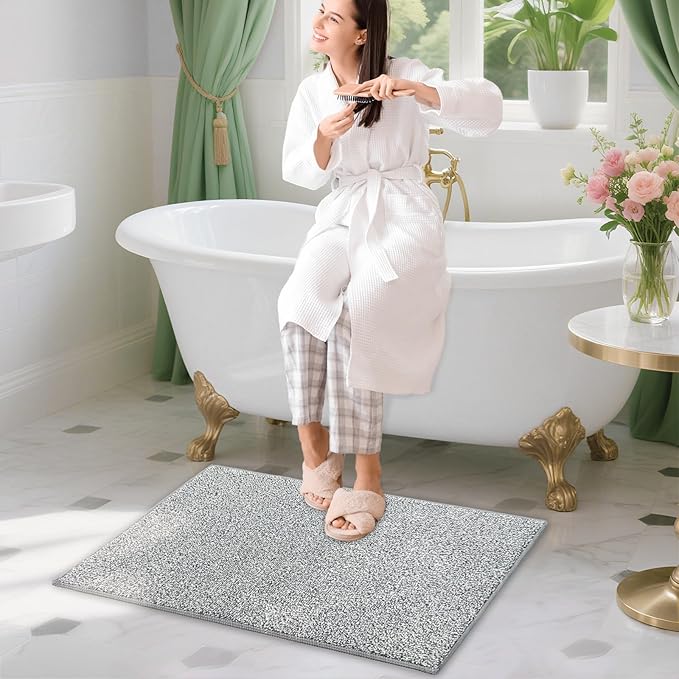 HDFK Bath Mat Non Slip 24x16 Inches 2 Tone Chenille Soft Medium Pile with TPR Backing | Absorbent Shower Rug | Light Gray Stain Hiding Bathroom Rugs for Wet Dry Transition Zone Front Decor
