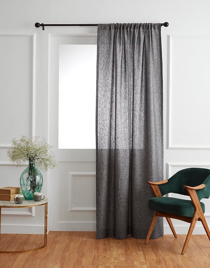 Solino Home European Flax Linen Curtain Chambray Black, 52 x 120 Inch Light Filtering Rod Pocket Curtain 120 Inches Long, 100% Pure Linen Window Treatment for Living Room, Bedroom - 1 Panel