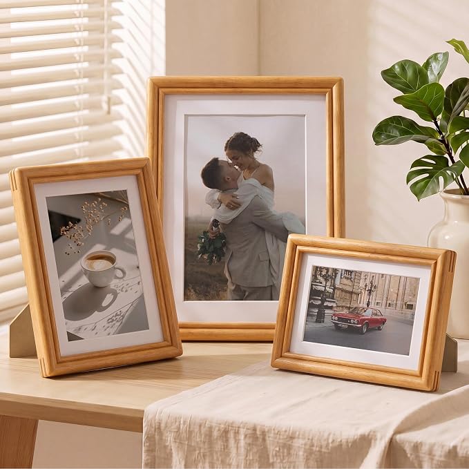 4x6 Picture Frame with Mat for 3.5x5, USA-Sourced Natural Teak Wood Handcrafted Rounded Corner with HD Tempered Glass, 4 x 6 Photo Frames Gallery Wall & Tabletop, Vertical or Horizontal Display